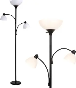 Sky Dome Double LED Floor Lamp, Torchiere Super Bright Floor Lamp with 2 Reading Lamps for Living Rooms & Offices - Dimmable Tall Standing Lamp for Bedroom Reading - Tall Black Pole