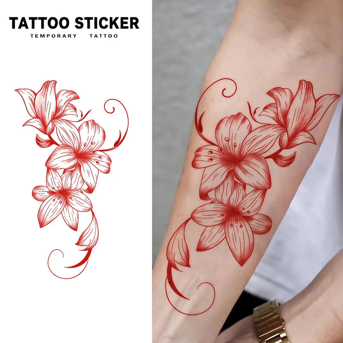 2 PCS Long Lasting Thin Red Outline Floral Lily Tattoo Stickers Curly Ornamental Vine Minimalist Waterproof Sweatproof Vertical Forearm Arm Temporary Body Art For Women