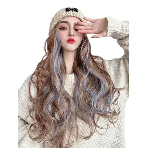 Long Hair Wig Hat for Women, One-Piece Wig with Highlights, Knitted Hat, Medium-Length Curly Hair, Full Head Wig, Realistic Human Hair