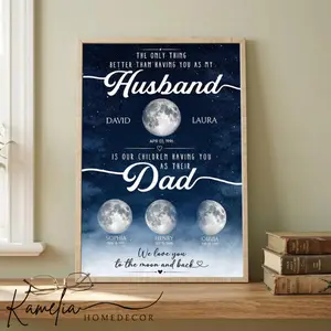 Custom Dad Husband Poster Unframed, Poster Father's Day For Dad Husband From Kids Wife, Custom Moon Phase By Date Print Wall Decor, Dad Gift