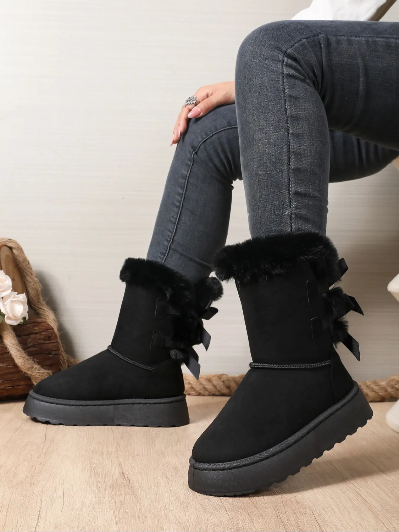 Women's Winter Fashion Warm Snow Boots, Soft Plush Lining, Cute Bow Design, Long Fur Collar, Perfect for Cold Weather, Casual Warm Boots