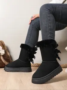 Women's Winter Fashion Warm Snow Boots, Soft Plush Lining, Cute Bow Design, Long Fur Collar, Perfect for Cold Weather, Casual Warm Boots