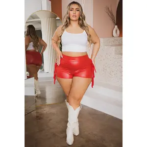 Plus Size Faux Leather Fringe  Shorts - Red