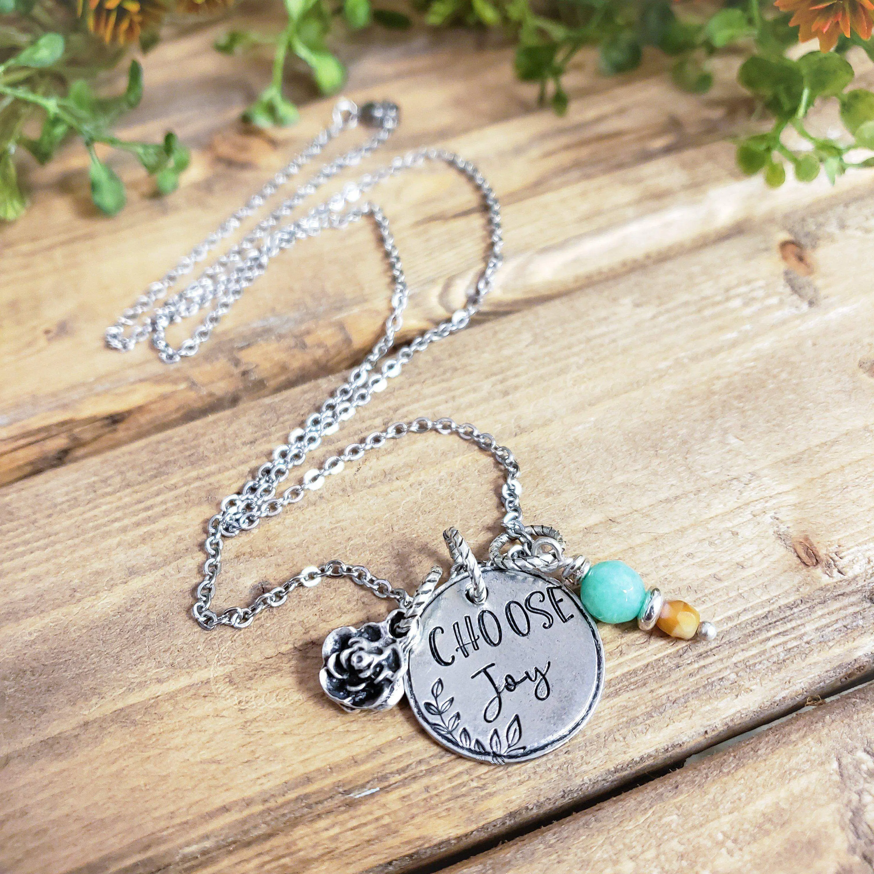 Choose Joy Hand Stamped Pewter Necklace with Flower Charm