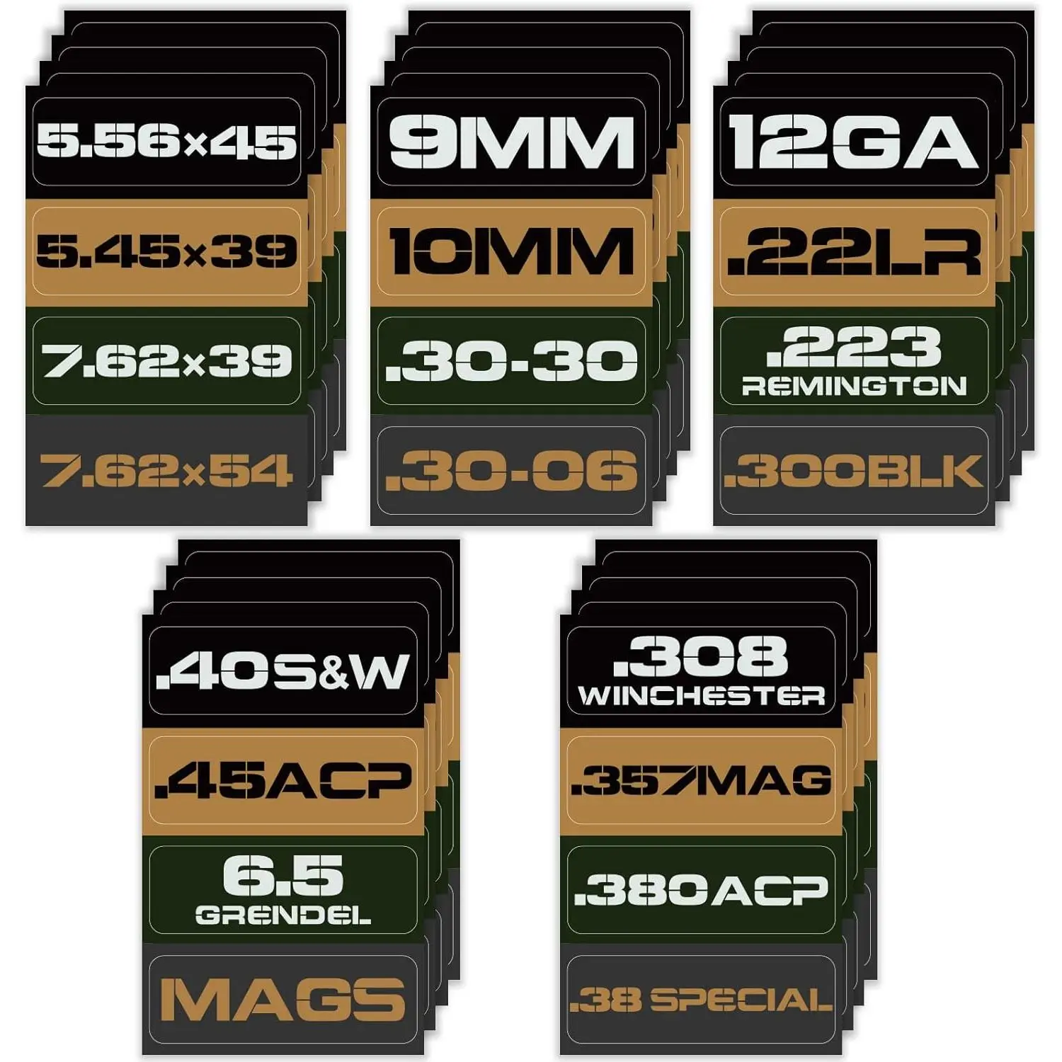 Can Vinyl Sticker Set, Caliber Decal Labels for  Cans .22 .223 .308 9MM .380 .45 5.56 7.62 12GA 300BLK (80 Pack/20 Varieties)