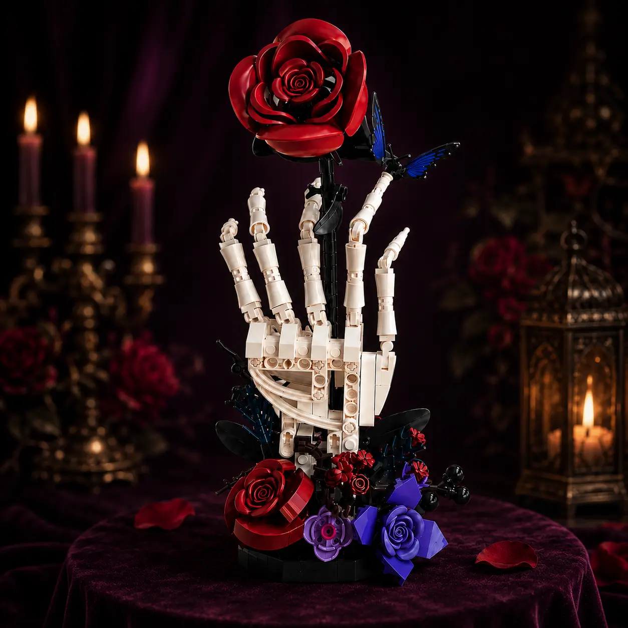 449-Piece Gothic Rose Skeleton Hand Building Set, with Blue Butterfly, Never-Fading Flower Block Decor, DIY Collectible Display Model Gift for Adults