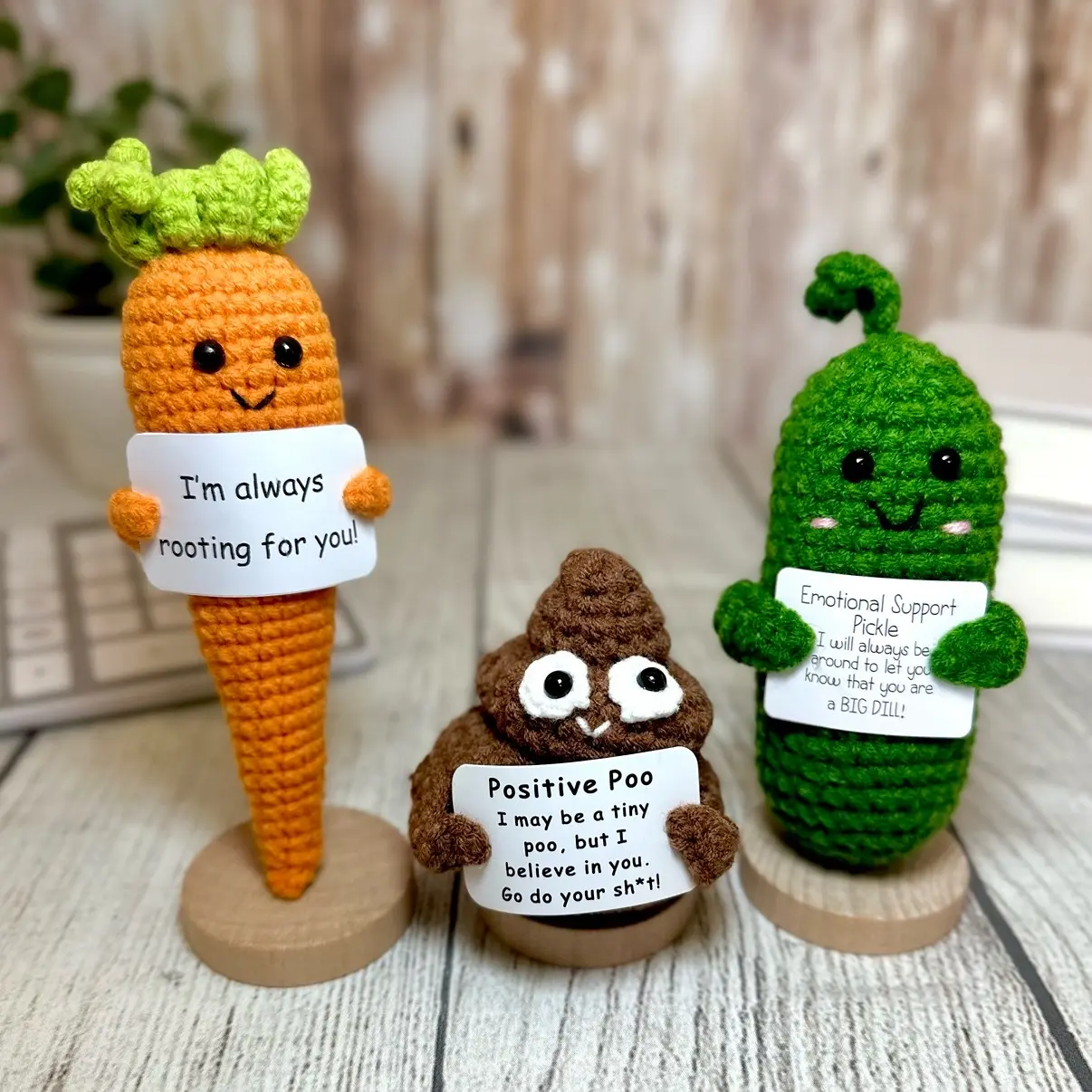 Positive Poo, Emotional Support Pickle with Wood Stand, Crochet Animals, Positive Support Gifts, Best Friend Gift