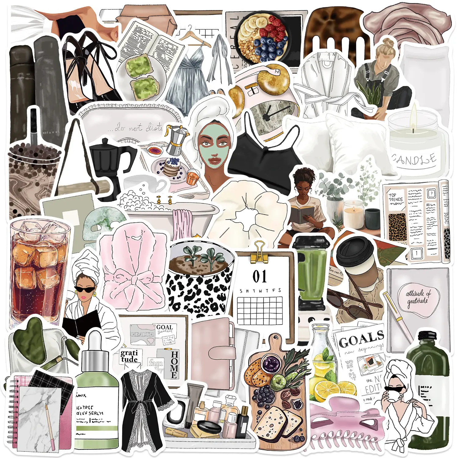 50 Pcs Cute Urban Simple Style Stickers, Cartoon Thermos Cup Phone Cellphone Notebook Diary Poster Luggage DIY Wall Decals Adhesive Durable