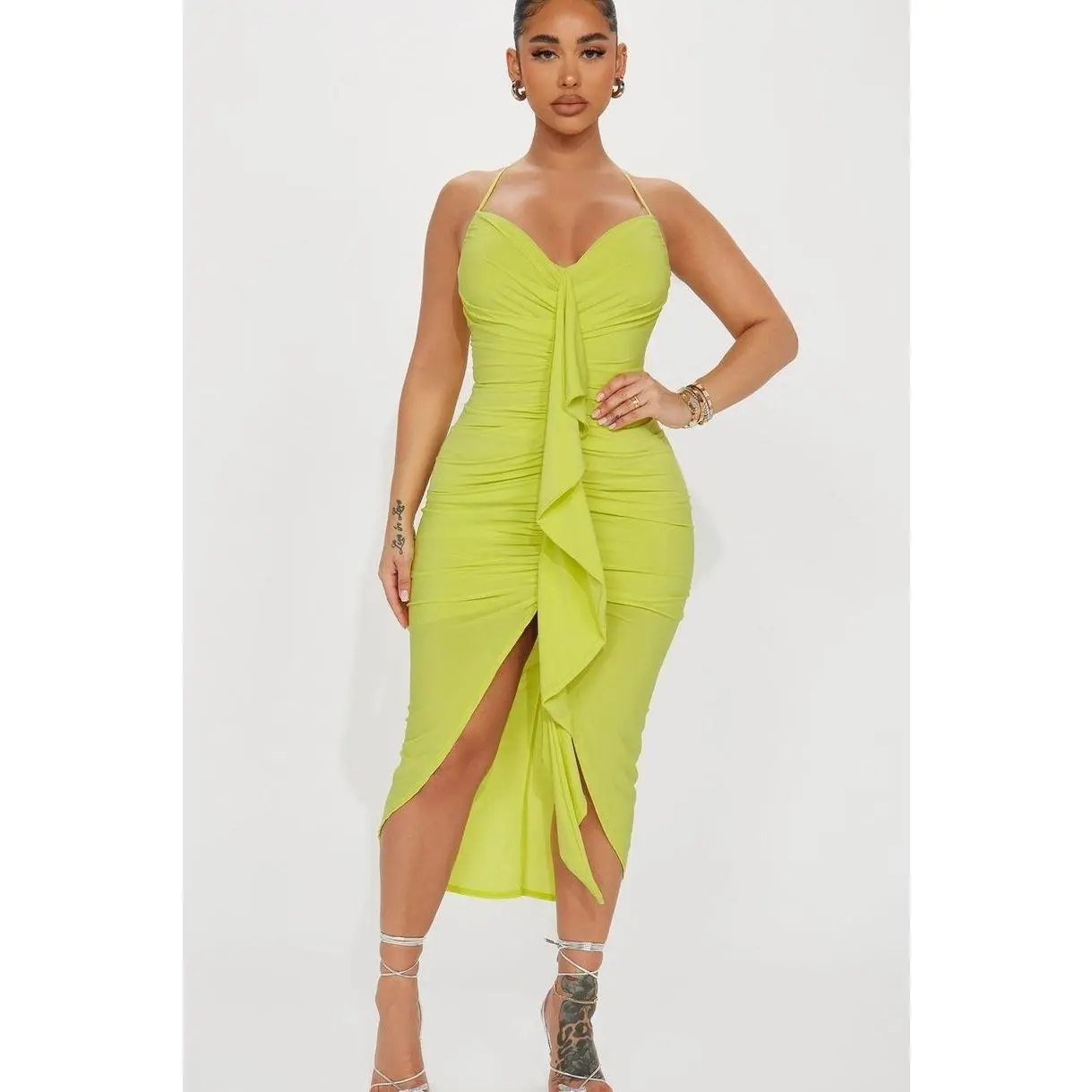 Women's Casual Gloria Midi Dress - Yellow, Polyester-Spandex Fabric, Adjustable Ruching Design