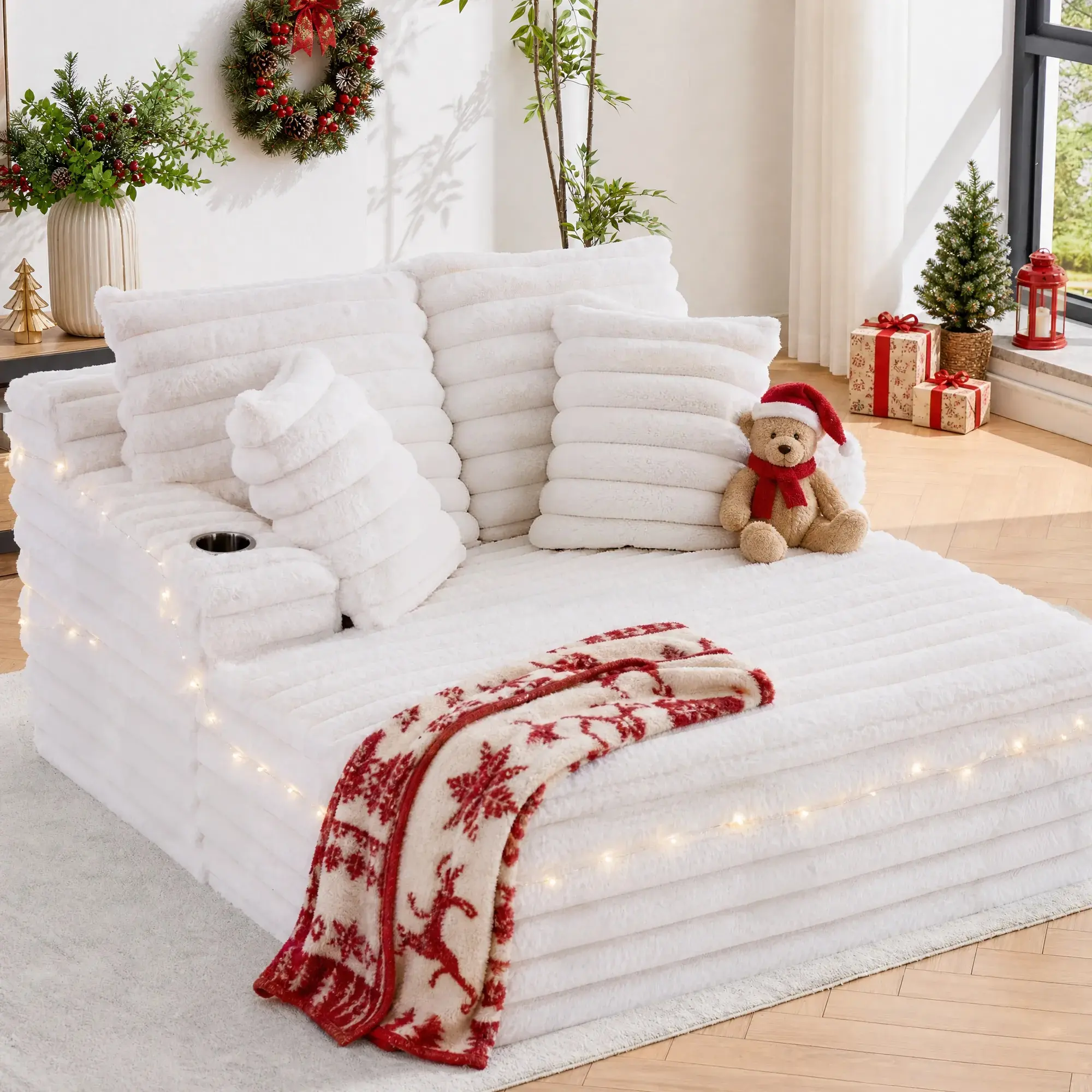 Oversized Striped Corduroy Chaise Lounge Chair with Cup Holders | Fluffy Upholstered Lazy Daybed Sofa for Living Room Bedroom