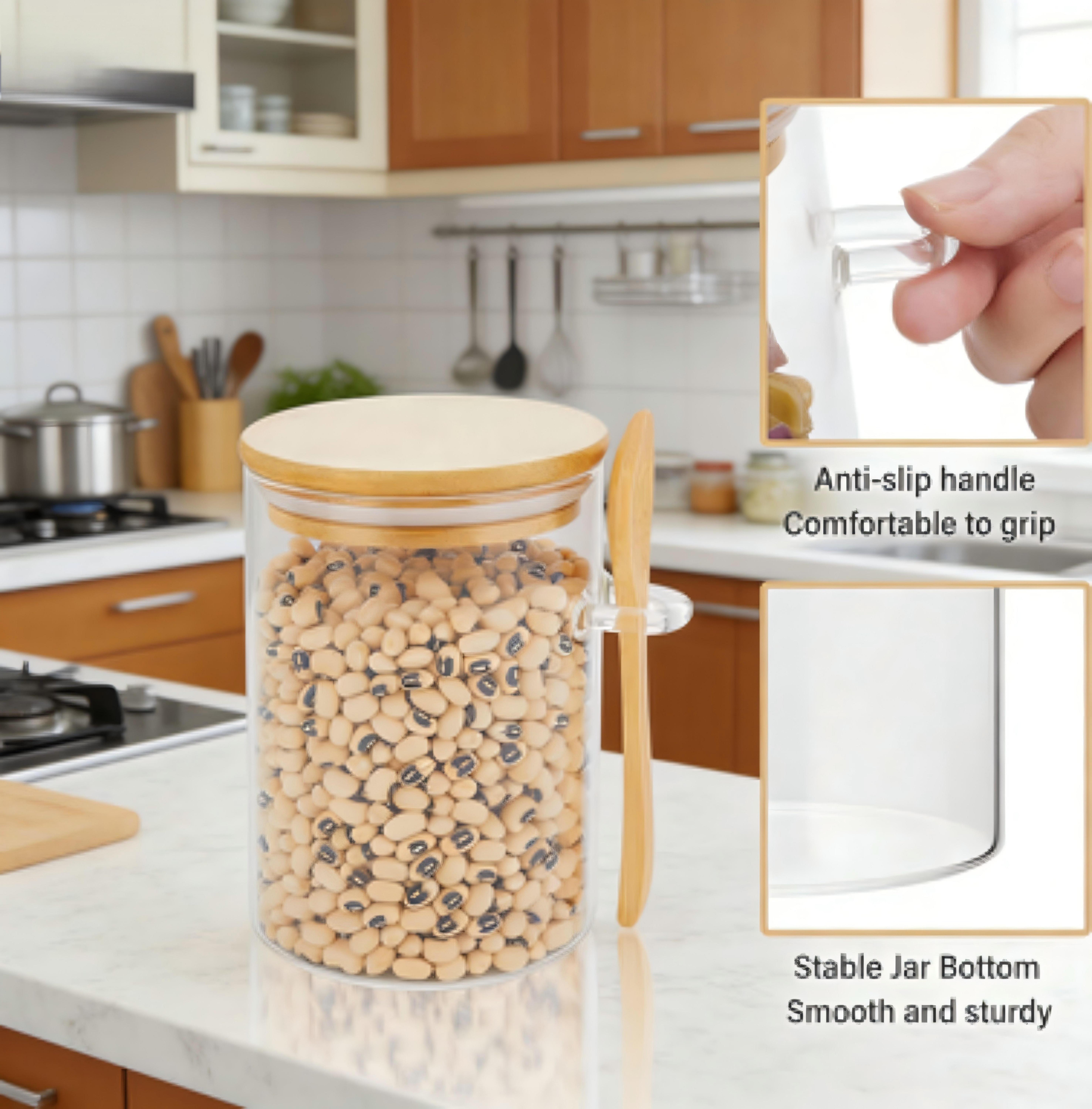 Set of 3 Glass Storage Jars with Airtight Bamboo Lids and Spoons, 15oz Glass Food Canisters for Kitchen Organization, Ideal for Coffee Beans, Tea, Flour, Salt, Nuts, Candy, Cookies and More