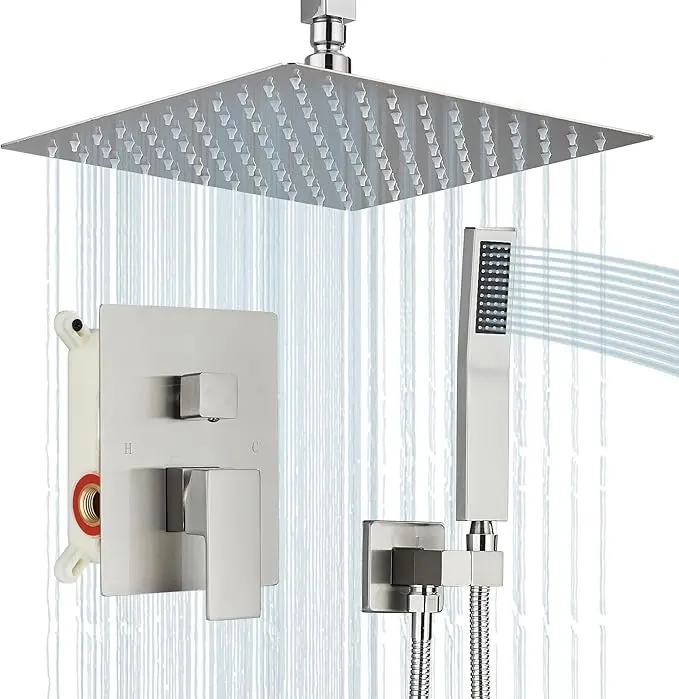 Brushed Nickel Ceiling Mount Shower System with Handheld Spray - High Pressure Rain Shower Head & Faucet, Function Controls, Rough-in Valve & Trim Kit Suitable for Bathroom, Modern Ceiling-Mounted Shower Fixture, 8 INCH/12 INCH/16 INCH