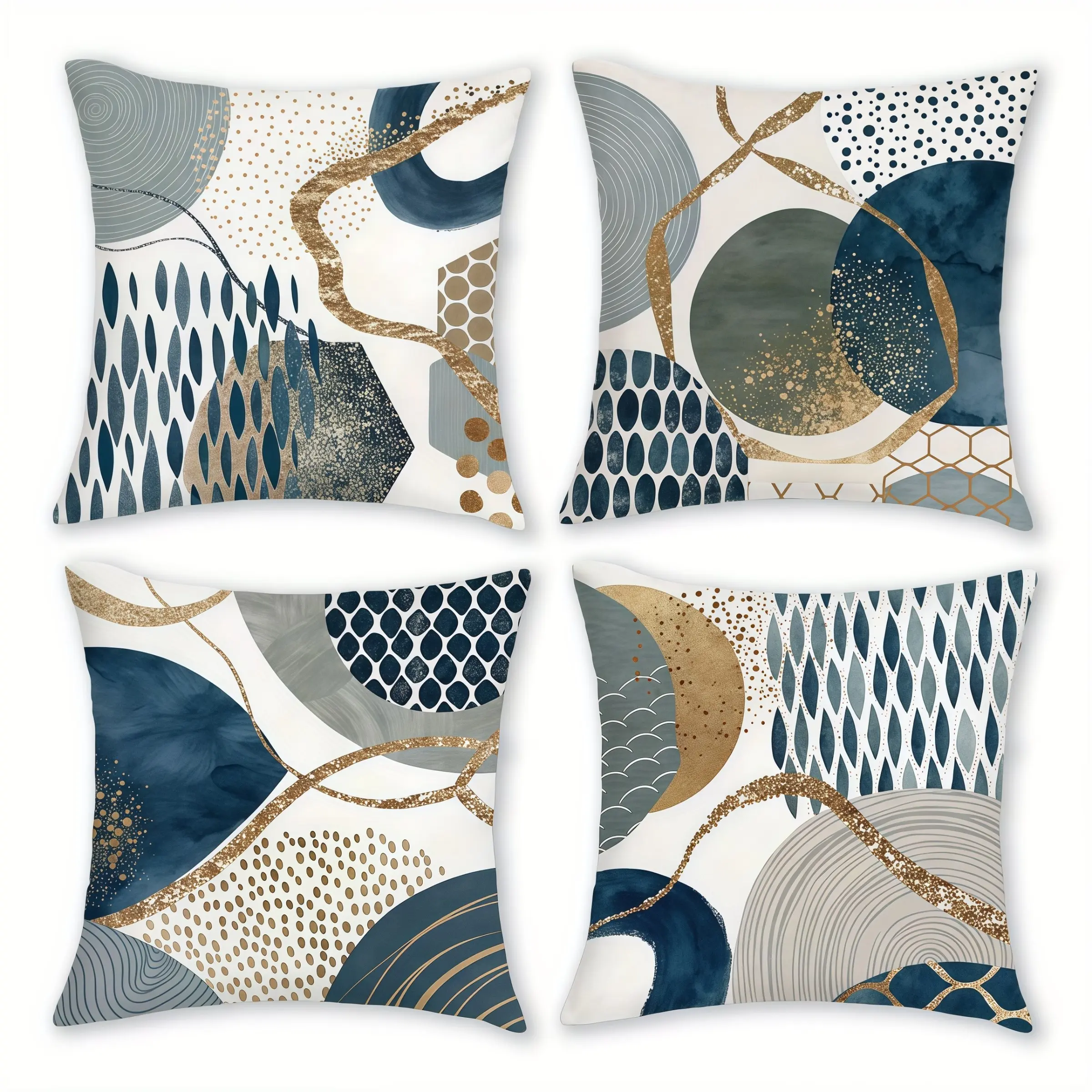 4pcs-Bohemian-Themed Throw Pillow Covers, Bohemian Navy & Golden Watercolor Geometric, Navy Golden Abstract Shapes for Bed Sofa Couch Decorative Pillowcases, Single Sided Printing, No Pillow Core, Bedroom Decorative Accessories