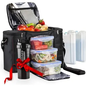 Prep Lunch Bag/Box For Men, Women + 3 Large  Containers (45 Oz.) + 2 Big  Ice Packs +  Strap + Shaker With Storage. Insulated Lunchbox Cooler Portion Control Set (Black)