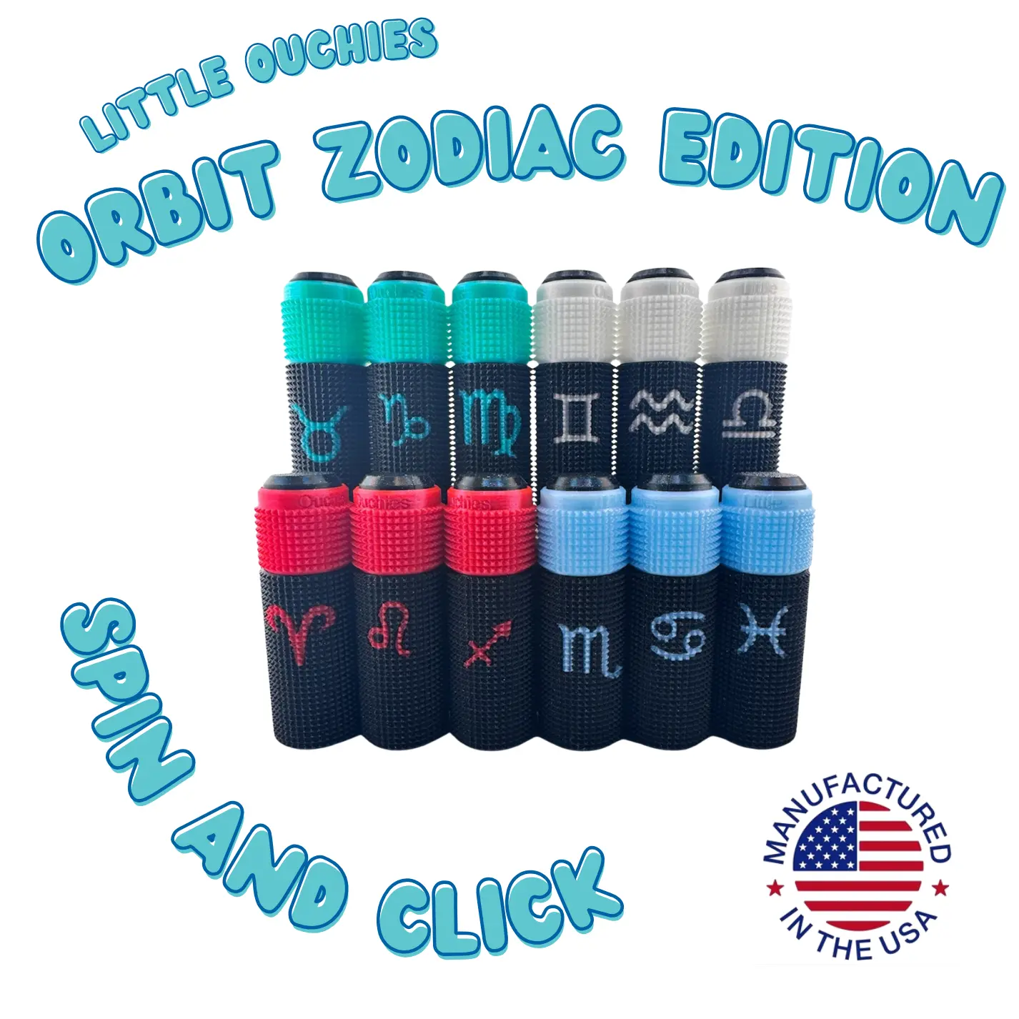 Little Ouchies Orbit Spin Click – Zodiac Collection | Astrology Sensory Fidget Keychain for Anxiety, ADHD & Autism | Spin + Click Stim Toy | Textured Pain Stim Fidget | 12 Star Signs | Made in USA