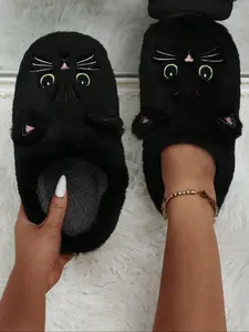 Women's Cute Cat Embroidery Slippers, Casual Soft Comfortable Home Slippers, Warm Slippers for Indoor & Outdoor Use for Fall & Winter, Footwear
