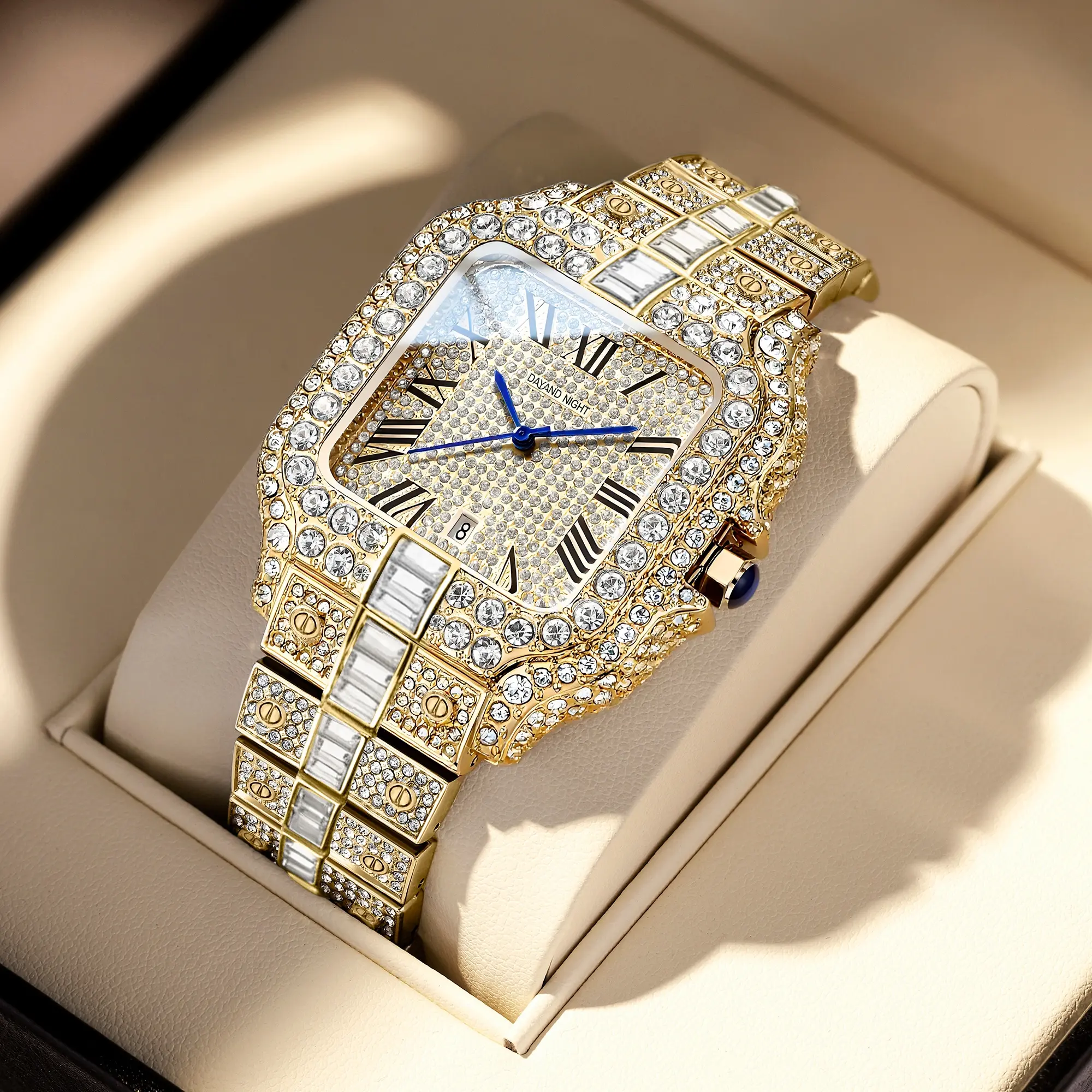 Unisex Stainless Steel Dress Watch with Iced Out Moissanite Bezel, Quartz Analog Movement and Roman Numeral Dial, 30M Waterproof, Quartz Analog Watch
