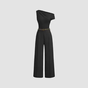 Cider [2 colors, size 2-26] Asymmetrical Neck Ruched Jumpsuit With Belt