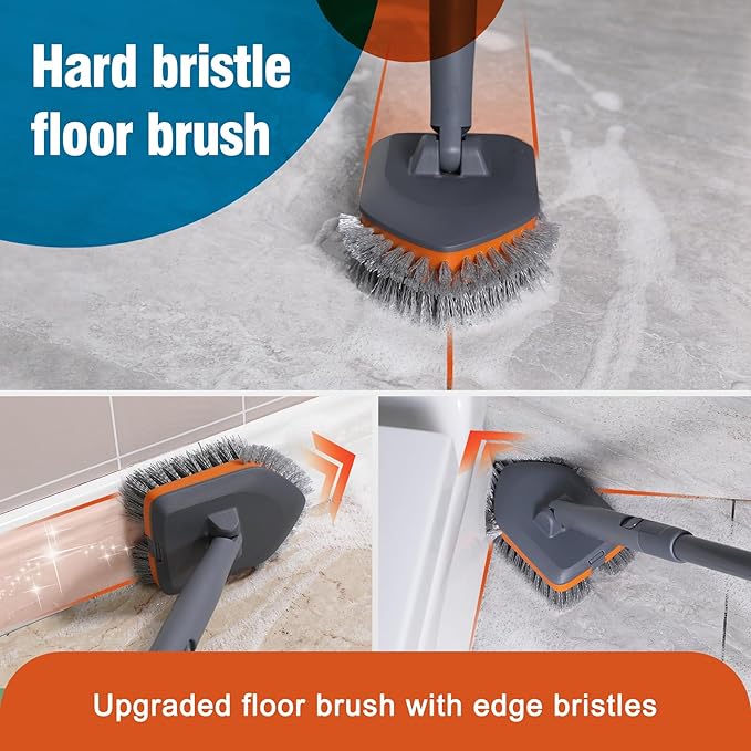 Extendable Tile & Tub Scrubber Brush with 3 Cleaning Heads – Long Handle Bathroom & Kitchen Cleaning Tool