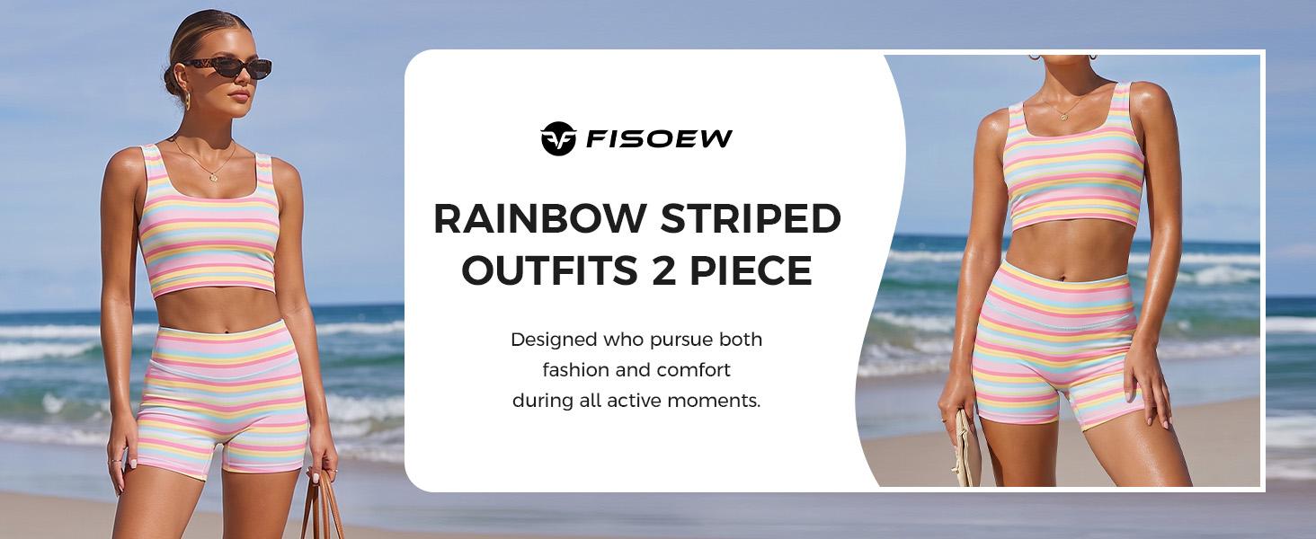 FISOEW Women’s Rainbow Stripe 2 Piece Workout Set Sleeveless Crop Tank Top High Waist Biker Shorts Matching Lounge Outfit