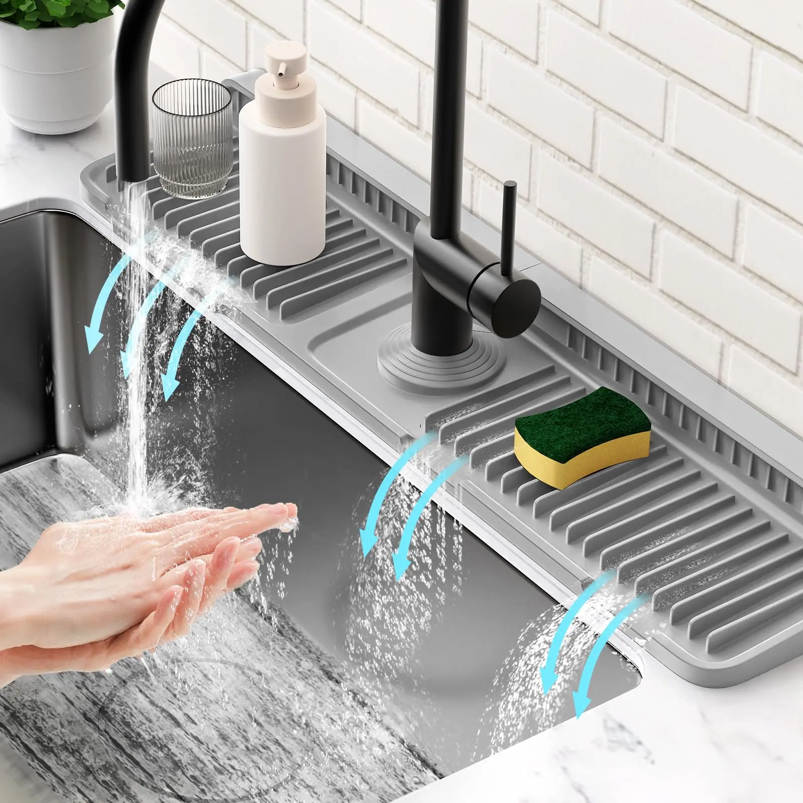 24-in Kitchen Sink Mat, Household Cleaning Splash Guards with 7° Slope Fast Self-Draining Snap-Locking Fit, Water Splash Proof Barrier for Behind Faucet