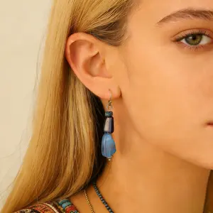 Boho Ethnic Blue Beaded Drop Earrings| Retro Sapphire & Coconut Shell Jewelry#boho style#casual all-season#unique#statement style