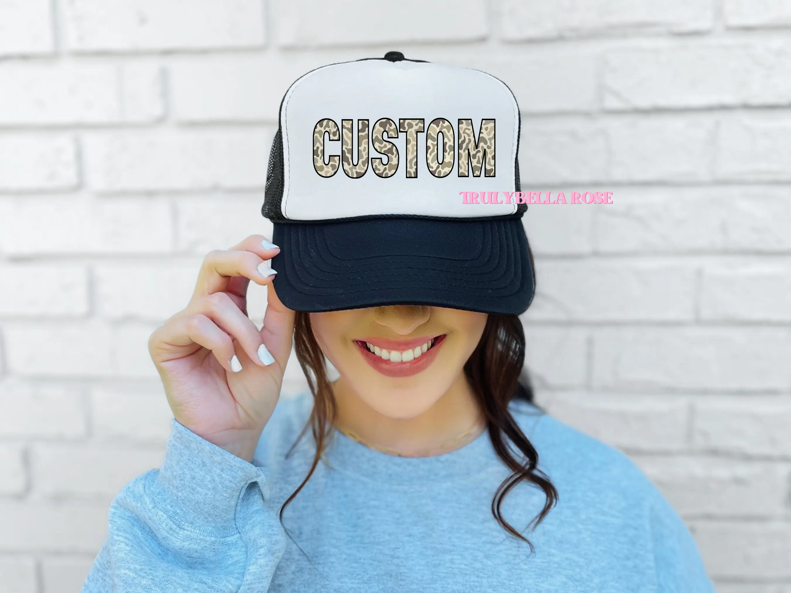 CUSTOM CAMO PRINT WORD/NUMBERS TRUCKER HAT