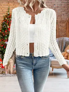 Womens Crochet Long Sleeve Cardigan Scallop Trim Crew Neck Knit Sweater Knitting Hollow Out Front Button Down Lightweight Casual Tops Womenswear Knitwear