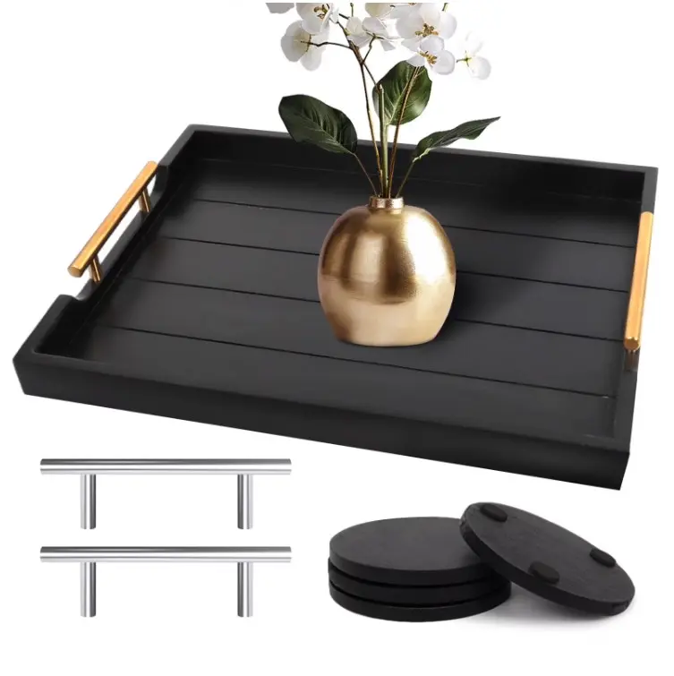 Sxnows Coffee Table Trays - Large Ottoman Tray for Living Room -Wood Serving Tray with 2 Sets of Handles - Wooden Tray for Coffee Table, 4 Round Coasters Included(Black)
