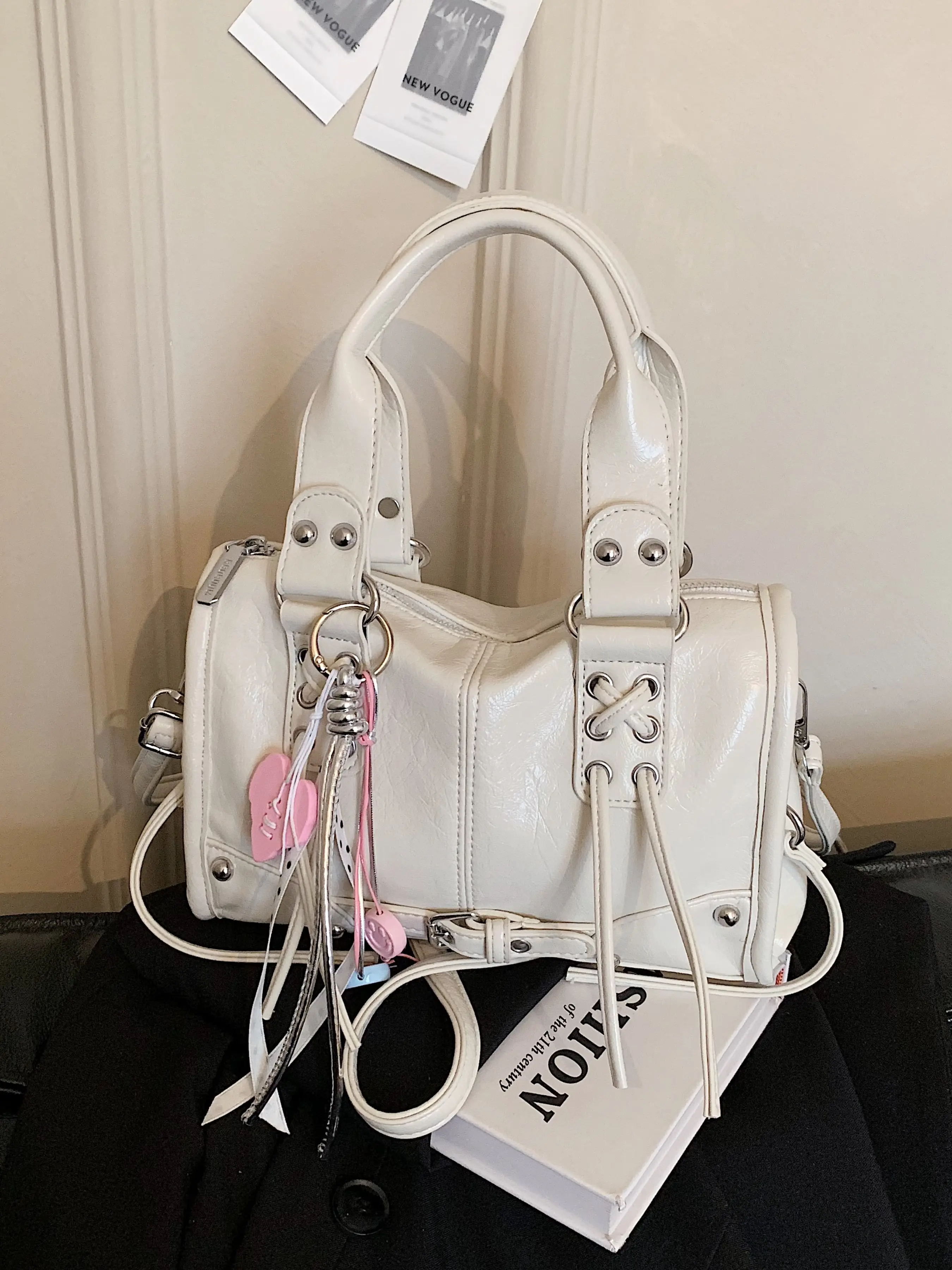Punk Motorcycle Style Rivet Buckle Fringe PU Mini Boston Bag, Phone Charger Lipstick Key Card Holder, Versatile Handbag for Women, Crossbody Bags