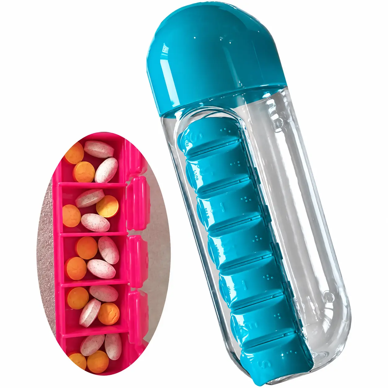 1 PCS 2-in-1 Supplement Pill Organizer Water Bottle (600ml) - 7-Day Supply Compartment for Vitamins, Practical Sports & Outdoor Health-Care Accessory, Thoughtful Gift for Seniors & Fitness Lovers