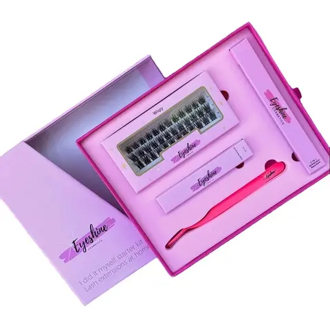 Wispy DIY Lash Starter Kit with D Curl Black Bond and Seal, Pink Application Tweezer, Oil Remover, and Storage Box for False Eyelashes and Extensions