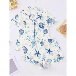 Women's All Over Sea Creature Print Short Sleeve Pajama Two-Piece Set,? Ladies Sleepwear for All Seasons