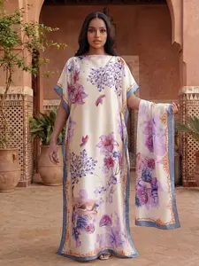 Women's Floral Print Robe Set, Casual Fashion Long Dress + Headscarf Scarf Hairband, Beach Sun Protection Satin Silk Shawl
