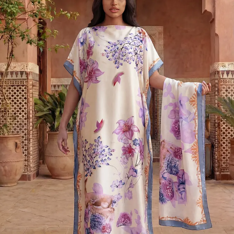 Women's Floral Print Robe Set, Casual Fit Long Dress + 2-in-1 Headscarf Scarf + Hairband, Lightweight Satin Sun Protection Beach Shawl, Casual Boho Chic, Boho Fashion