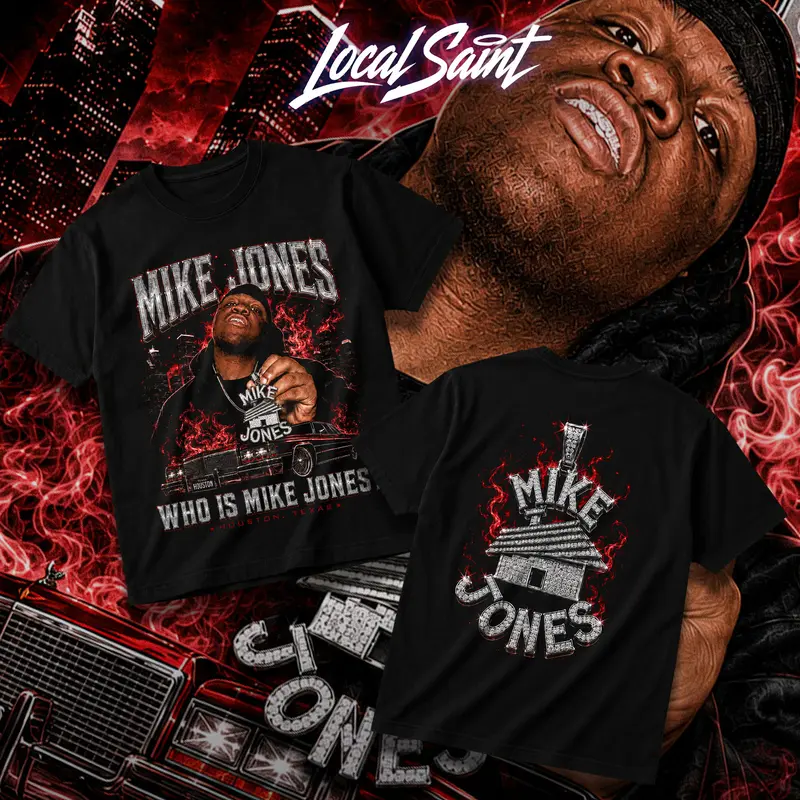 LOCALSAINT Mike Jones Who Is Mike Jones Heavy Cotton Unisex Graphic T-Shirt Hoodie Houston Rap Texas Screwed Up Click DJ Screw 713 Crewneck Tee, Vintage Streetwear Graphic T-Shirt Direct To Garment Breathable Print
