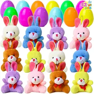 12 Pcs Filled Easter Eggs with Plush Bunny, Bright Colorful Bunnies for Kids and Toddlers, Easter Basket Stuffers and Party Favors, Classroom Prize Supplies