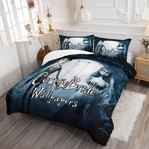 Corpse Bride Comforter Set (2/3-Piece, 1 Comforter + 1-2 Pillowcases, No Pillow Inserts Included), Victor & Emily Moon Print, Soft Microfiber, Perfect for Gothic Bedroom Decor, Ideal Gift for Fans