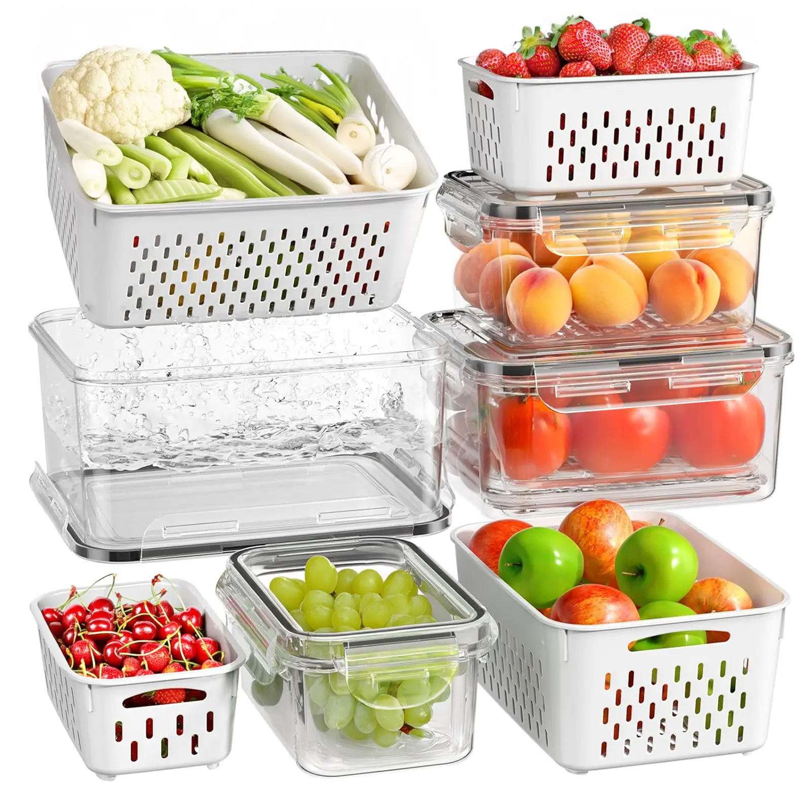 4 PCS Multi-Size Durable Fruit Storage Containers - Stackable Storage Bins for Fridge Organization, Refrigerator Accessories, Kitchen Gadgets, 0.3-3.15 Qt, Removable Drain-Away Basket, Locking Buckles, Leak-Proof Seal, Dishwasher Safe (White)