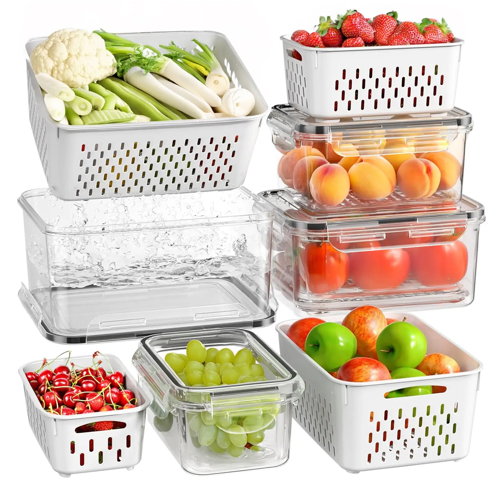Fruit Storage Containers 4 PCS Refrigerator Organizer Removable Colander, Airtight, Dishwasher Safe for Berries, Fruits & Veggies, Keeps Fresh Longer