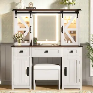 43.3" Large Makeup Vanity Desk Set with Lighted Mirror & Charging Station, Farmhouse Dressing Table with Storage Stool, Vanity Desk Set with Sliding Barn Door, 3 Drawers & 4 Cabinets,for Girl Woman Bedroom,Beige