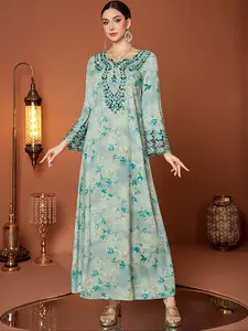 Mint Leaf Print Evening Dress, V Neck Dress with Blue Embroidery and Flare Sleeves, Elegant Party Gown
