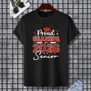 Senior 2026 Proud Grandpa of a 2026 Senior Graduate T-Shirt, 100% Cotton, Single Side Printed, Black Short Sleeve T-shirt, Gift for Family Friends, S-XXXL, 1 pc, Fabric Weight 180g