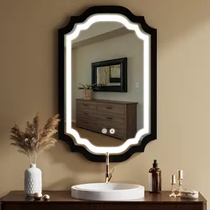 LED Bathroom Mirror with Lights Irregular Shape Wood Frame Anti-Fog Shatter-Proof Dimmable Memory 3 Colors for Bathroom 24"x36"