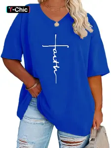 [Plus Size] Letter Print Drop Shoulder Statement Tee, Casual Half Sleeve V Neck Jersey T-shirt Top Fit for Summer, Women's Plus Clothing for Daily Wear, Womenswear