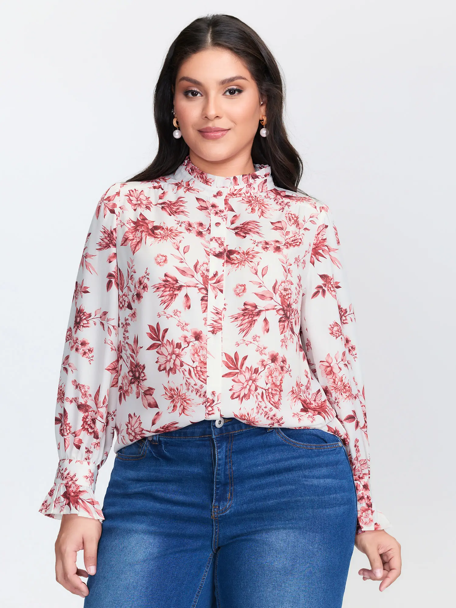 BloomChic Women's Plus Size Timeless Ditsy Floral Blouse, Smooth Long Sleeve Top with Ruffled Tie-Neck and Lantern Sleeves, Garment, Fabric, Shirts For Women