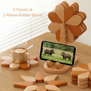 Bamboo Trivet Set 5 Trivets & 1 Phone Holder Stand Kitchen Heat-Resistant Foldable Design Ideal for Hot Dishes Pots Bowls Teapots Family Tableware