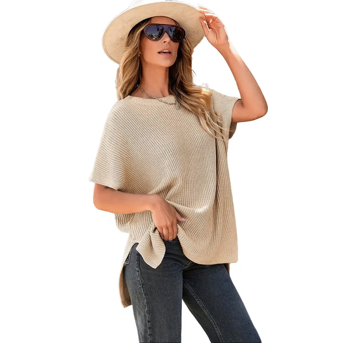 Shewin Women's Casual Oversized Solid Knit Pullover Sweater with Puff Short Sleeves, Round Neck and Side Slit, Lady, Piece, Elegance, Women's Clothes