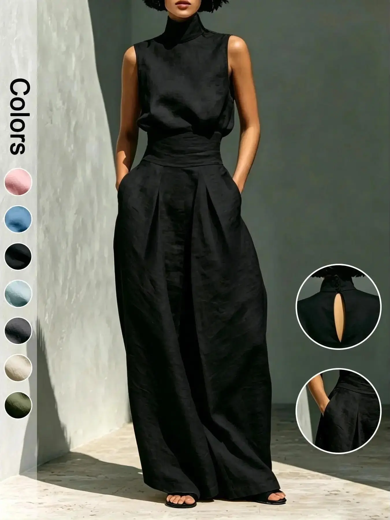 D2110 Solid Color High Neck Athleisure Two Piece Set For Women Elegant Sleeveless Top Matching Flowy Drape Wide Leg Pants Pockets Classic Old Money Aesthetic Casual Everyday Co Ord Outfit