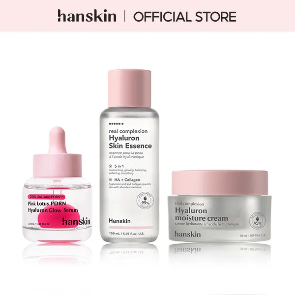 Korean Hyaluronic 3-Step Glass Skin Routine Set - Smooth Skin Essence, Lotus PDRN Serum, Lightweight Moisturizer Cream with Ultra-Low Molecular Hydration